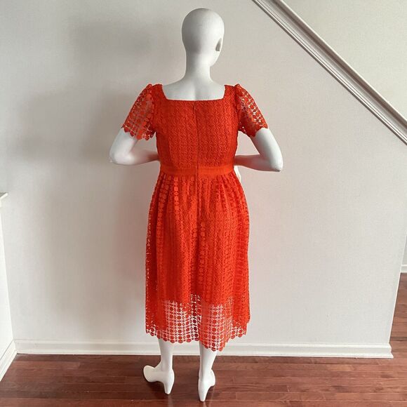 Talbots Lace Square Neck Fit & Flare Dress In Bright Tangerine 10 - Picture 3 of 9